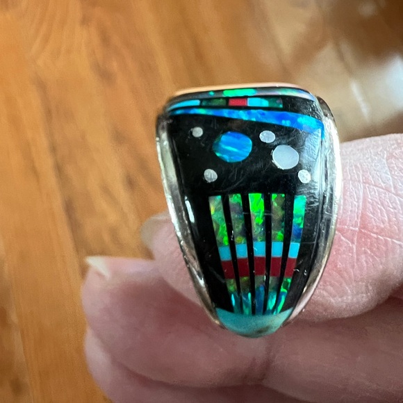 Colorful, Multi-Gemstone, Sterling Silver Inlay Statement Ring - Picture 4 of 17